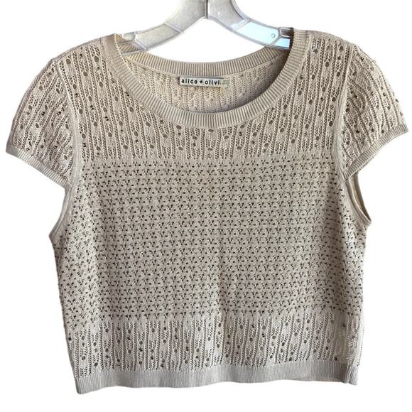 Alice + Olivia Linen Blend Pointelle Knit Beaded Cap Sleeve Cropped Sweater Top - Picture 1 of 9